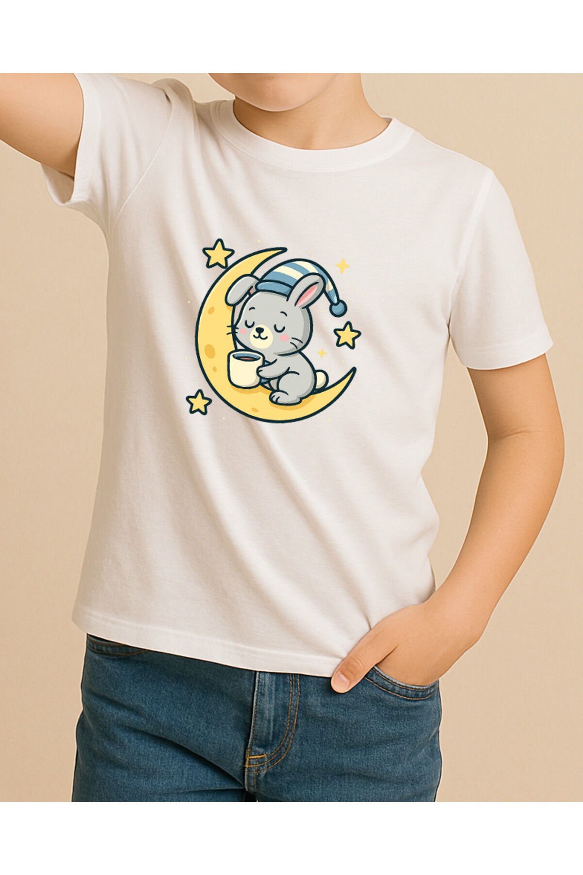 Tişört Unisex Çocuk (Aydede Tavşan) Erkek Beyaz - 10-11 Yaş