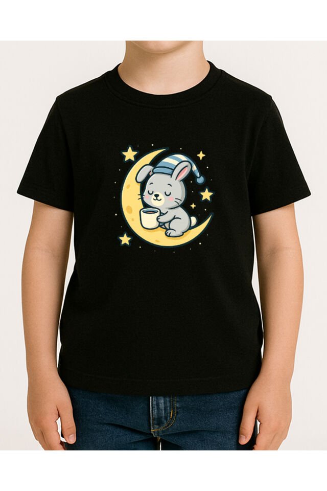 Tişört Unisex Çocuk (Aydede Tavşan) Erkek Si̇yah - 10-11 Yaş