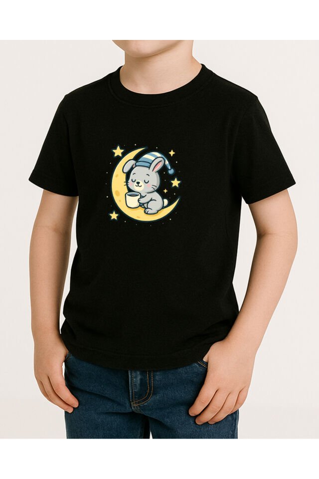 Tişört Unisex Çocuk (Aydede Tavşan) Erkek Si̇yah - 10-11 Yaş