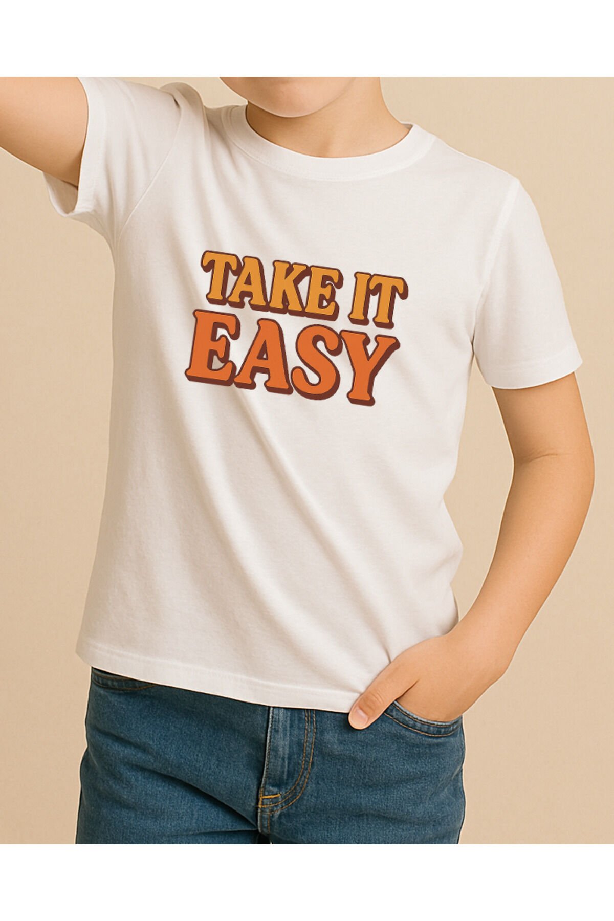 Tişört Unisex Çocuk (Take It Easy) Erkek Beyaz - 10-11 Yaş