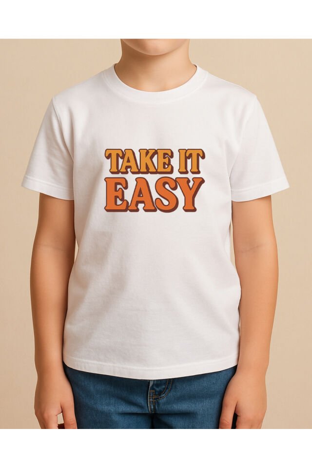 Tişört Unisex Çocuk (Take It Easy) Erkek Beyaz - 4-5 Yaş