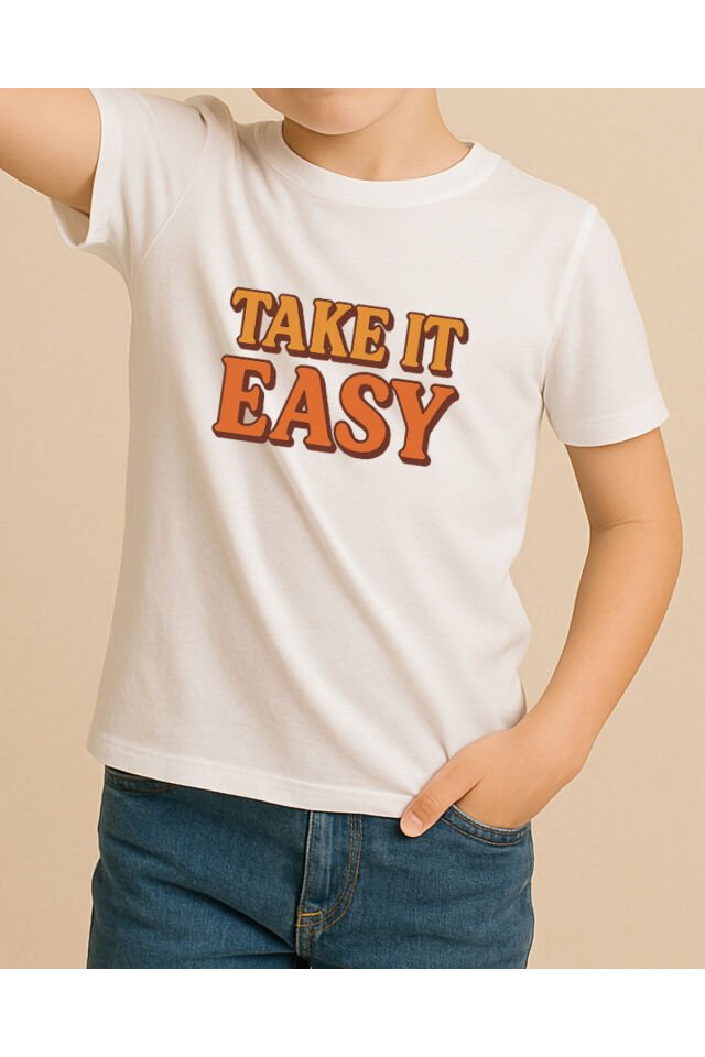 Tişört Unisex Çocuk (Take It Easy) Erkek Beyaz - 4-5 Yaş
