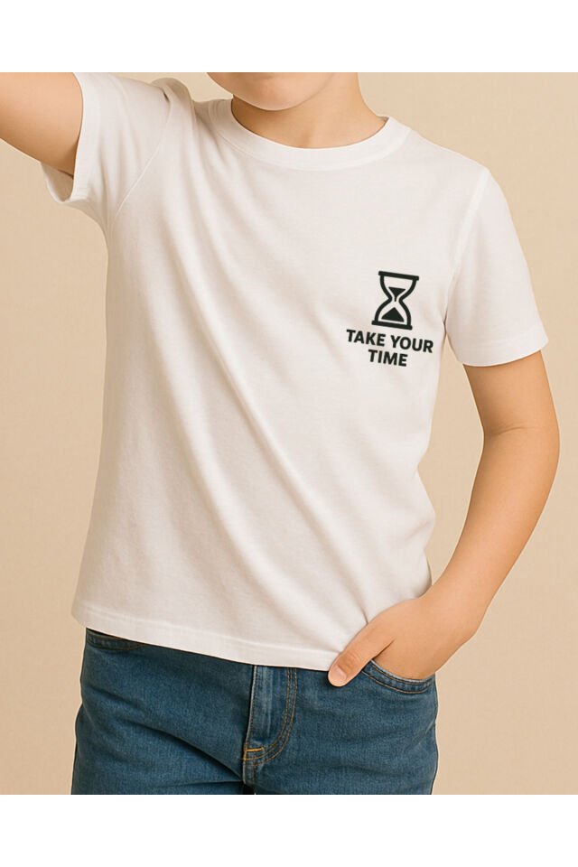Tişört Unisex Çocuk (Take Your Time) Erkek Beyaz - 10-11 Yaş