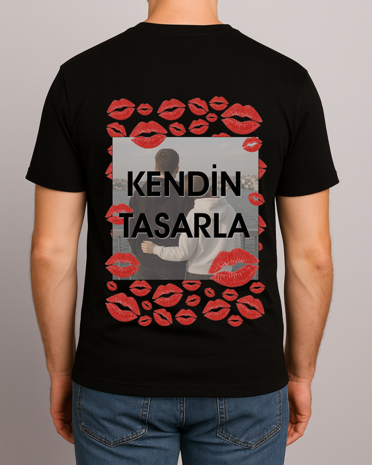 Kendin Tasarla Tişört Erkek-Öpücük Si̇yah - XL