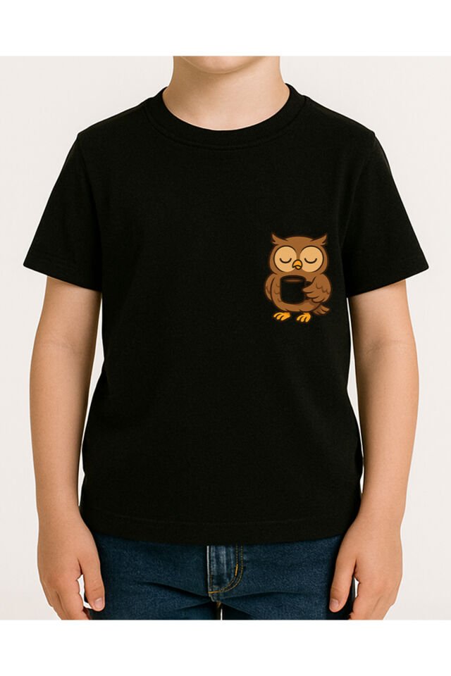 Tişört Unisex Çocuk (Baykuş) Erkek Si̇yah - M