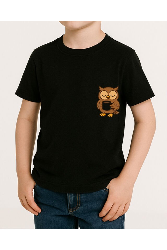 Tişört Unisex Çocuk (Baykuş) Erkek Si̇yah - 10-11 Yaş