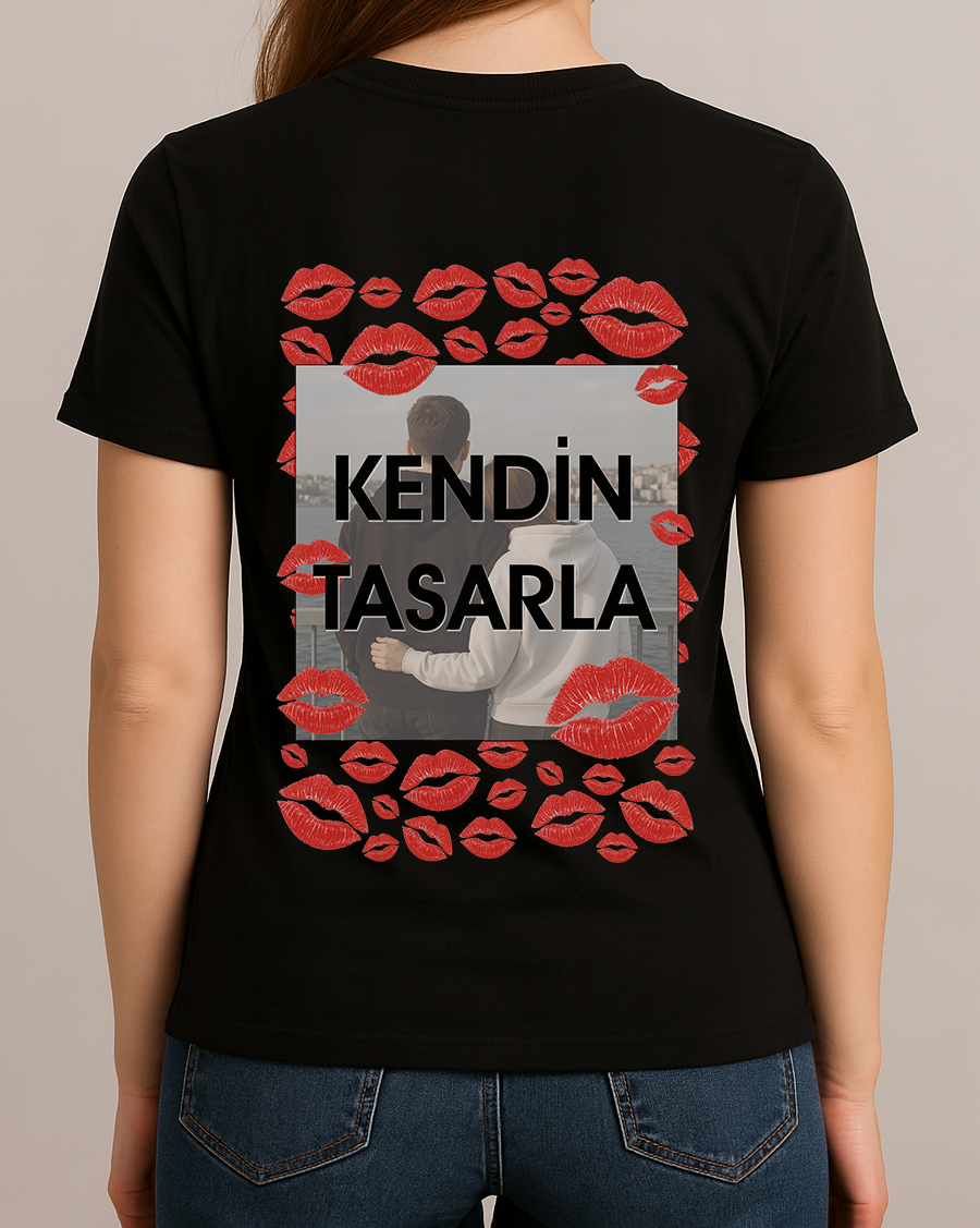 Kendin Tasarla Tişört Kadın-Öpücük Si̇yah - M