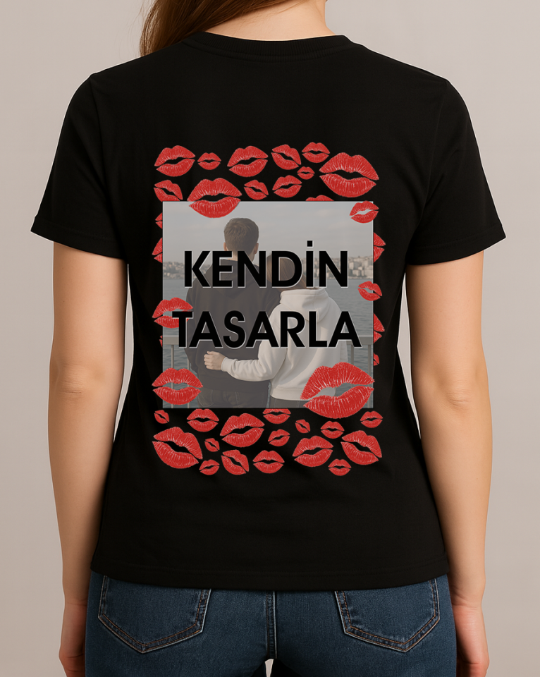 Kendin Tasarla Tişört Kadın-Öpücük Si̇yah - XL