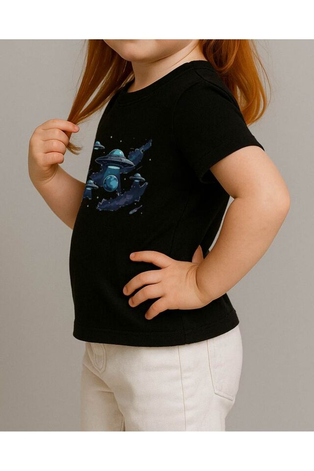 Tişört Unisex Çocuk (Ufolar) Kiz Si̇yah - 10-11 Yaş