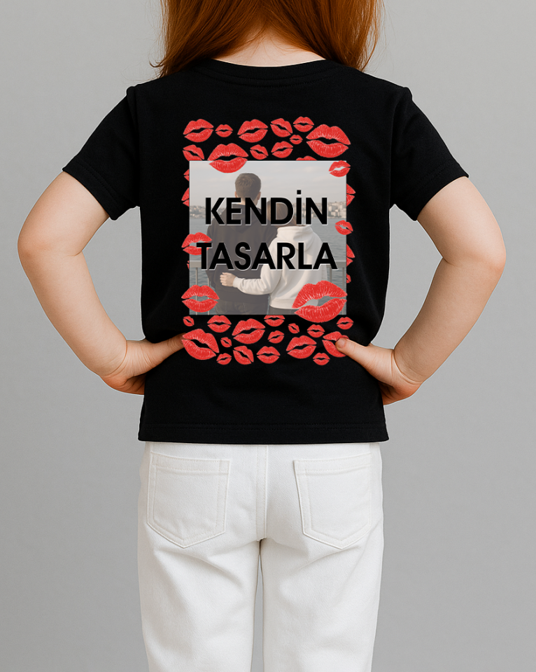 Kendin Tasarla Tişört Kız Çocuk-Öpücük Si̇yah - 10-11 Yaş