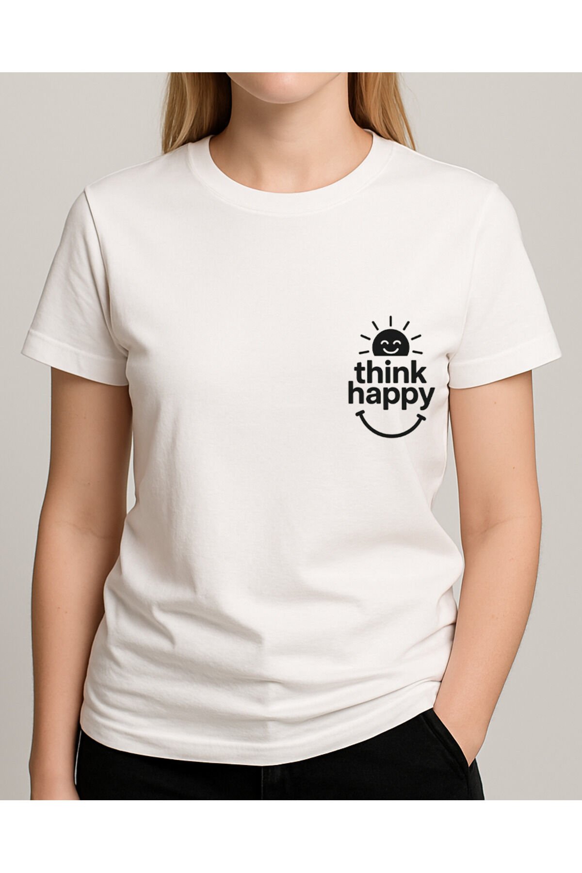 Tişört Unisex (Think Happy) Kadin Beyaz - M