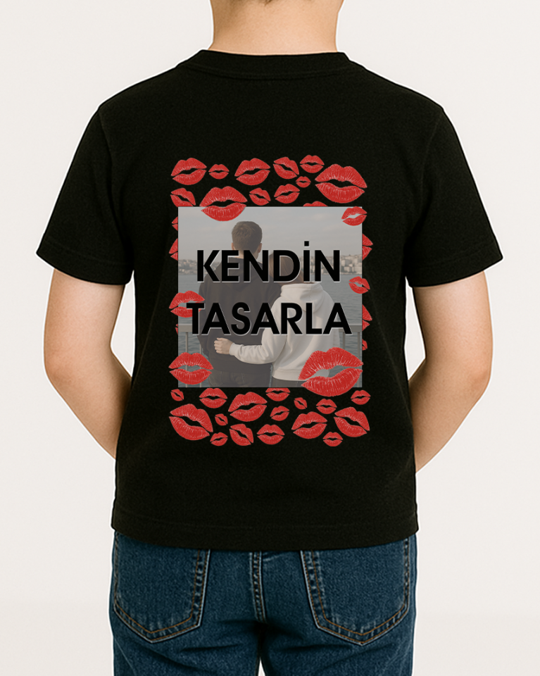 Kendin Tasarla Tişört Erkek Çocuk-Öpücük Si̇yah - 10-11 Yaş