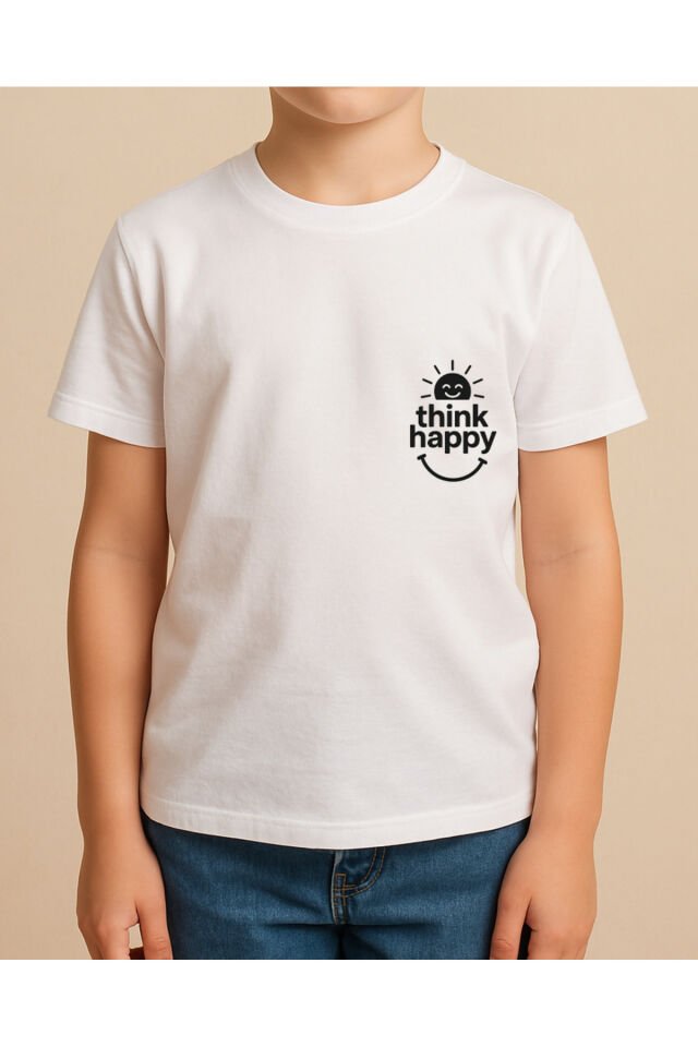Tişört Unisex Çocuk (Think Happy) Erkek Beyaz - 4-5 Yaş