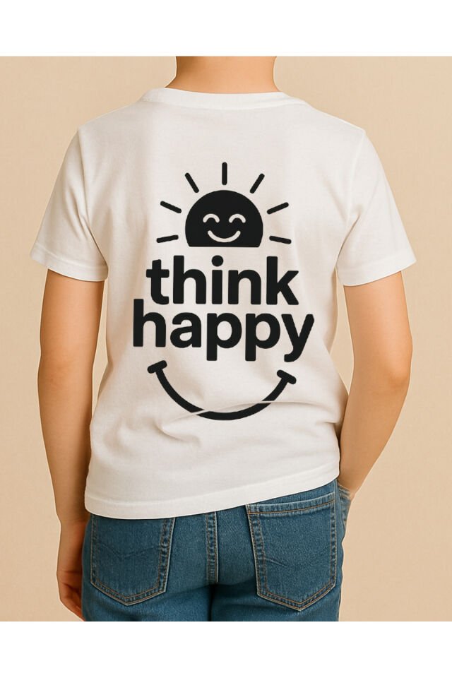 Tişört Unisex Çocuk (Think Happy) Erkek Beyaz - 10-11 Yaş