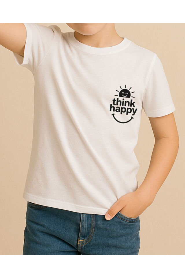 Tişört Unisex Çocuk (Think Happy) Erkek Beyaz - 10-11 Yaş