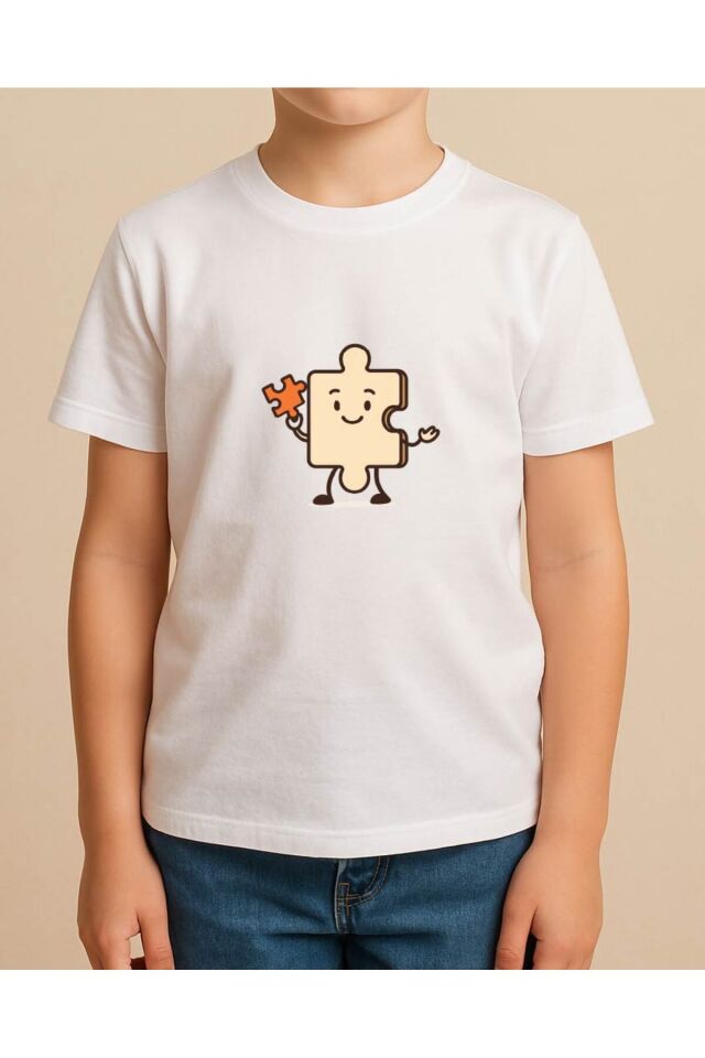 Tişört Unisex Çocuk (Yapboz) Erkek Beyaz - 4-5 Yaş