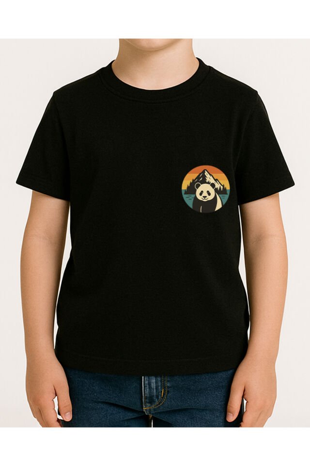 Tişört Unisex Çocuk (Dağ Panda) Erkek Si̇yah - 4-5 Yaş