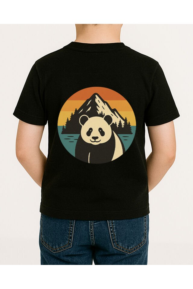 Tişört Unisex Çocuk (Dağ Panda) Erkek Si̇yah - 4-5 Yaş