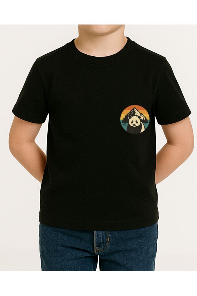 Tişört Unisex Çocuk (Dağ Panda) Erkek Si̇yah - 10-11 Yaş