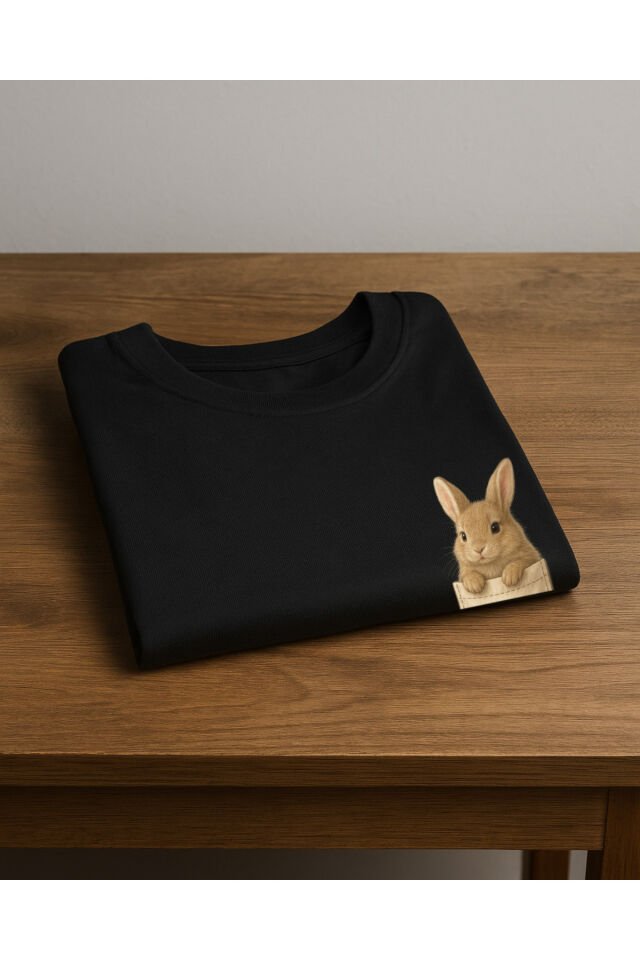 Tişört Unisex (Cepli Tavşan) Kadin Si̇yah - M