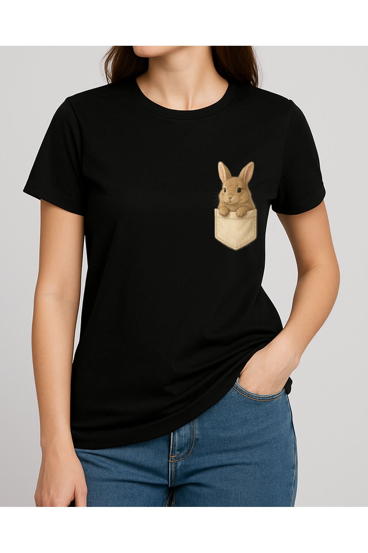 Tişört Unisex (Cepli Tavşan) Kadin Si̇yah - M