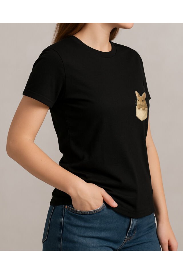 Tişört Unisex (Cepli Tavşan) Kadin Si̇yah - S