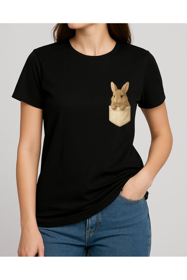 Tişört Unisex (Cepli Tavşan) Kadin Si̇yah - S