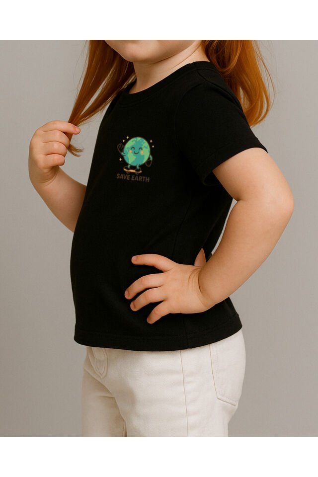 Tişört Unisex Çocuk (Save Earth) Kiz Si̇yah - 10-11 Yaş