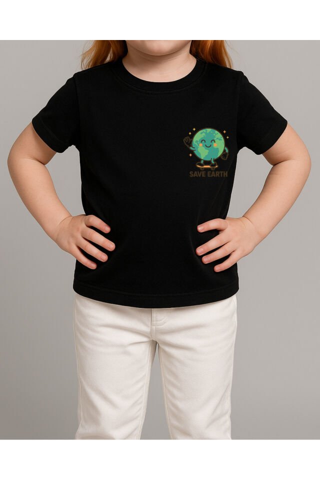 Tişört Unisex Çocuk (Save Earth) Kiz Si̇yah - 10-11 Yaş