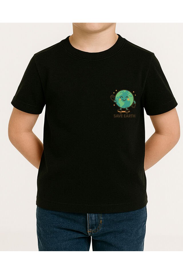 Tişört Unisex Çocuk (Save Earth) Erkek Si̇yah - M
