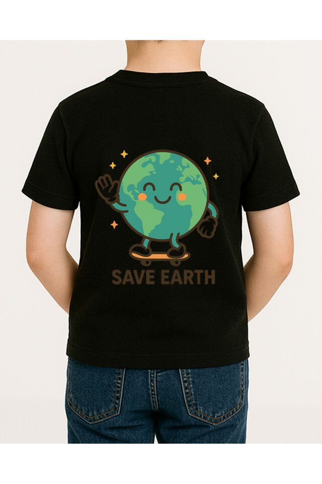 Tişört Unisex Çocuk (Save Earth) Erkek Si̇yah - S