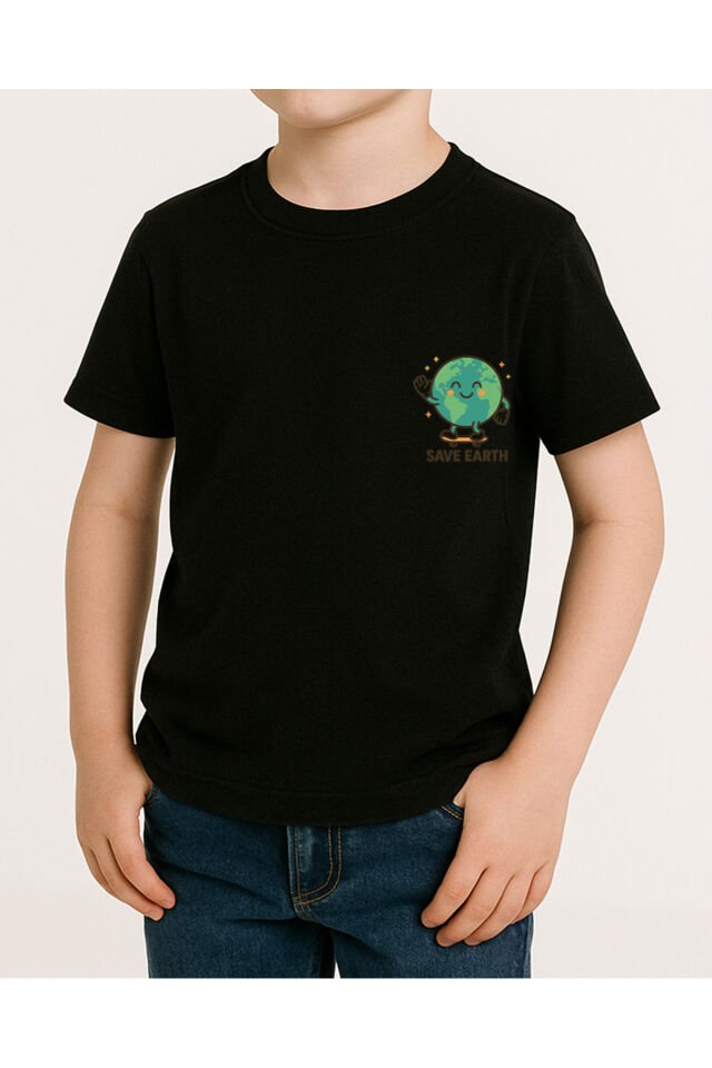 Tişört Unisex Çocuk (Save Earth) Erkek Si̇yah - L