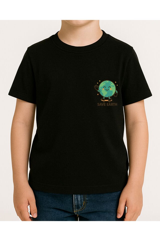 Tişört Unisex Çocuk (Save Earth) Erkek Si̇yah - L