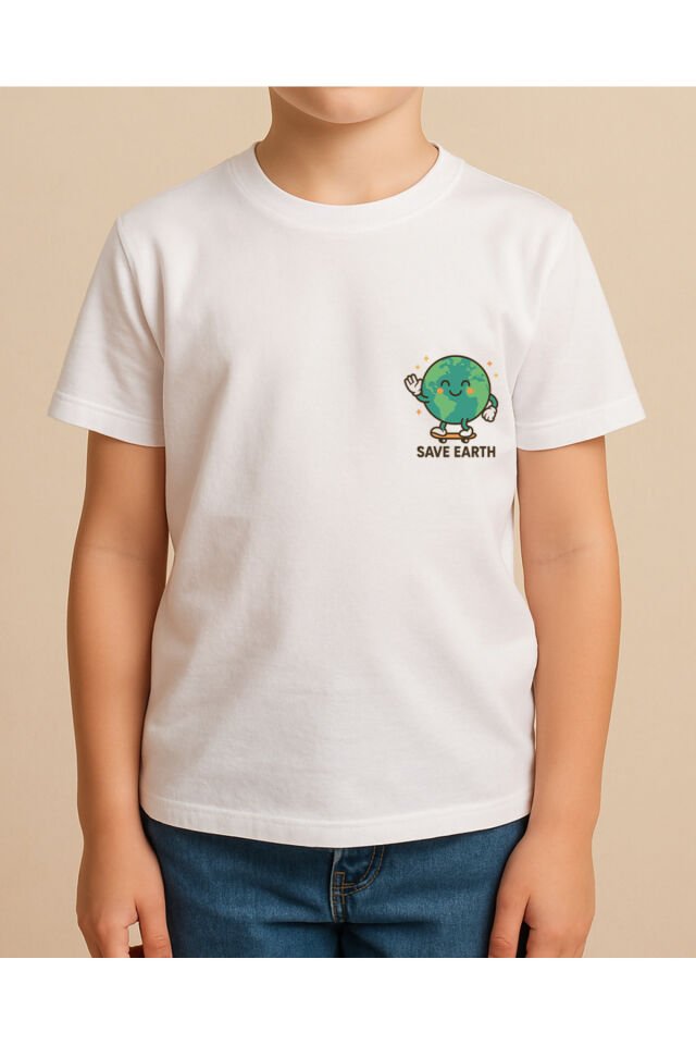 Tişört Unisex Çocuk (Save Earth) Erkek Beyaz - 4-5 Yaş