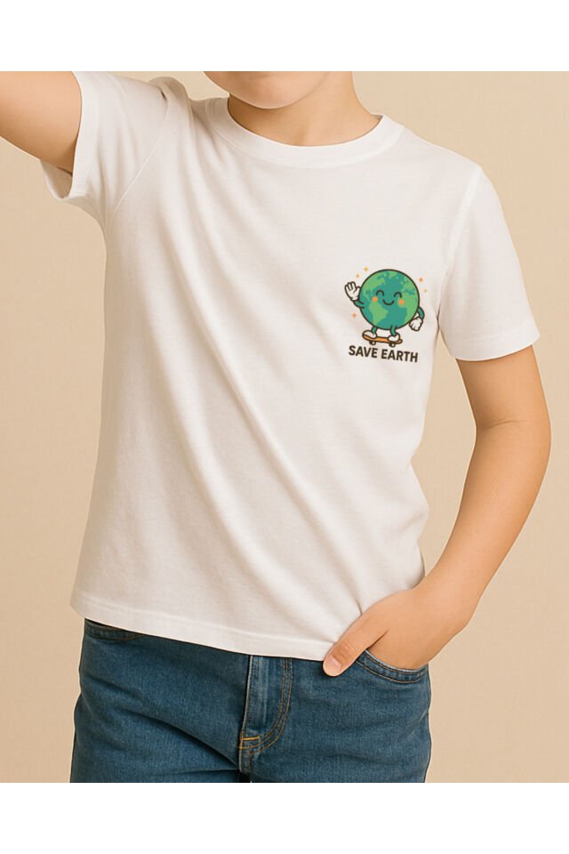 Tişört Unisex Çocuk (Save Earth) Erkek Beyaz - 4-5 Yaş
