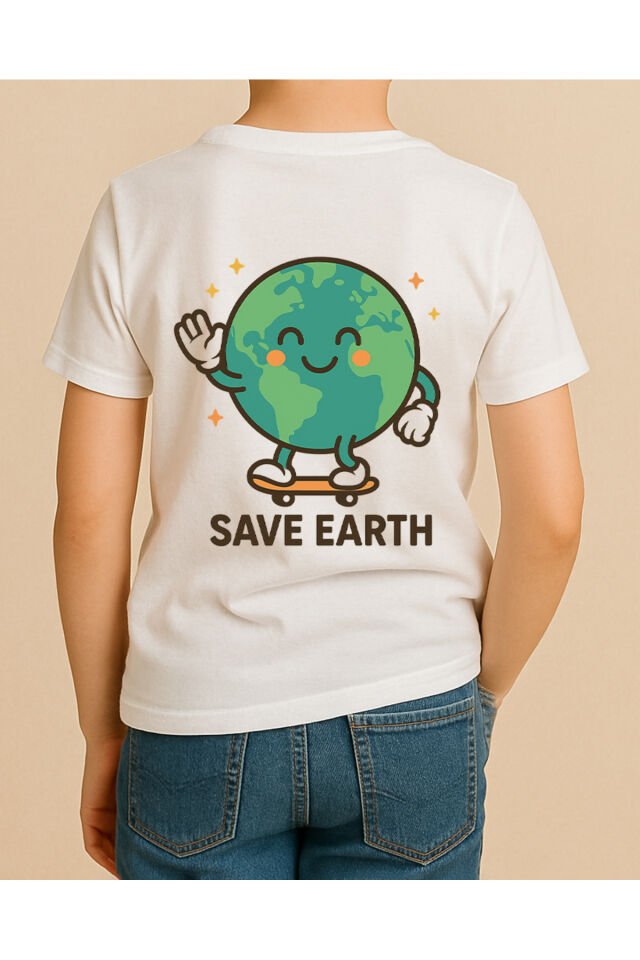 Tişört Unisex Çocuk (Save Earth) Erkek Beyaz - 10-11 Yaş