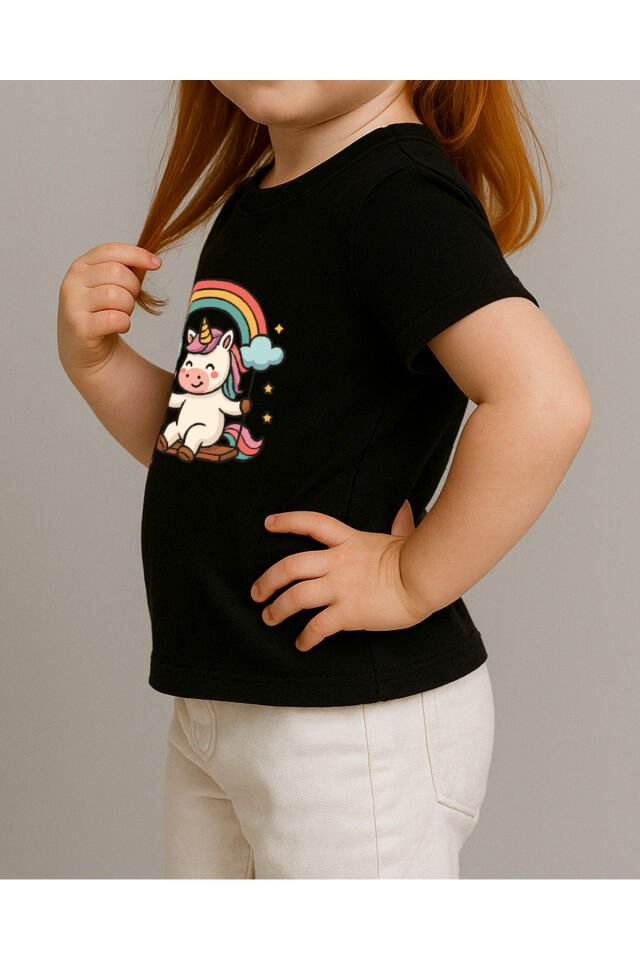 Tişört Unisex Çocuk (Unicorn 2) Kiz Si̇yah - 4-5 Yaş
