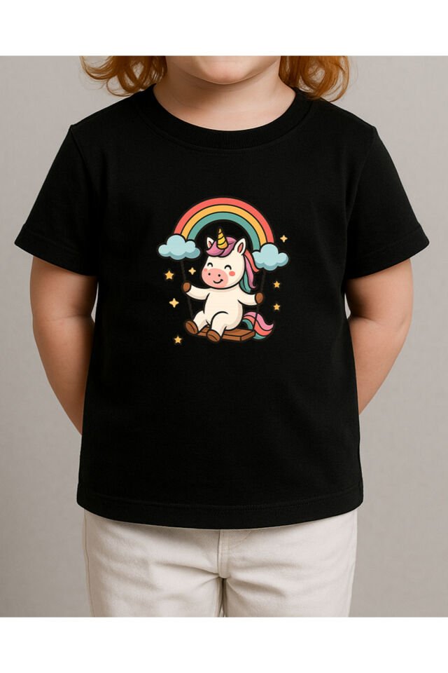 Tişört Unisex Çocuk (Unicorn 2) Kiz Si̇yah - 10-11 Yaş