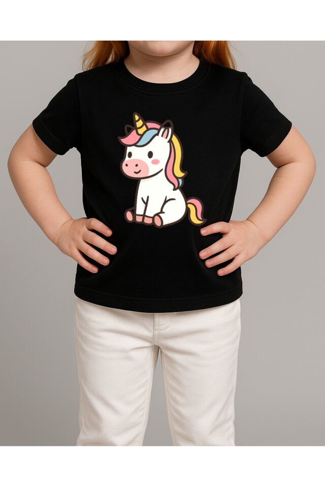 Tişört Unisex Çocuk (Unicorn 3) Kiz Si̇yah - S