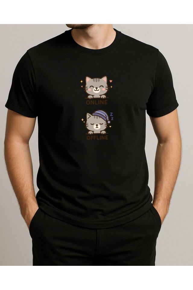 Tişört Unisex (Gri Kedi İkili) Erkek Si̇yah - XL