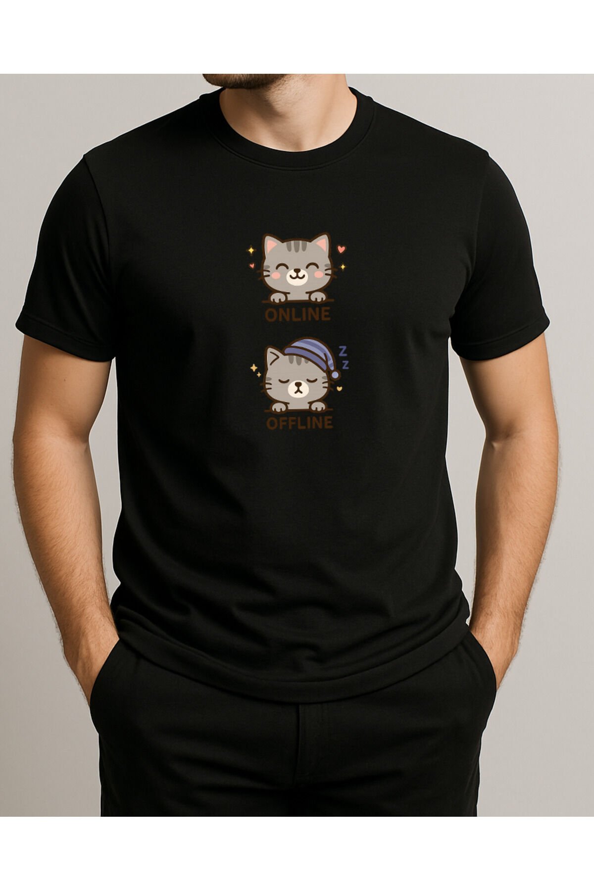 Tişört Unisex (Gri Kedi İkili) Erkek Si̇yah - S