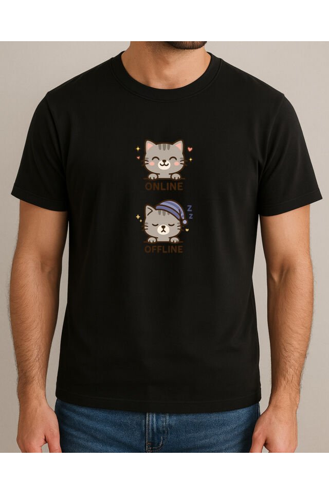 Tişört Unisex (Gri Kedi İkili) Erkek Si̇yah - L
