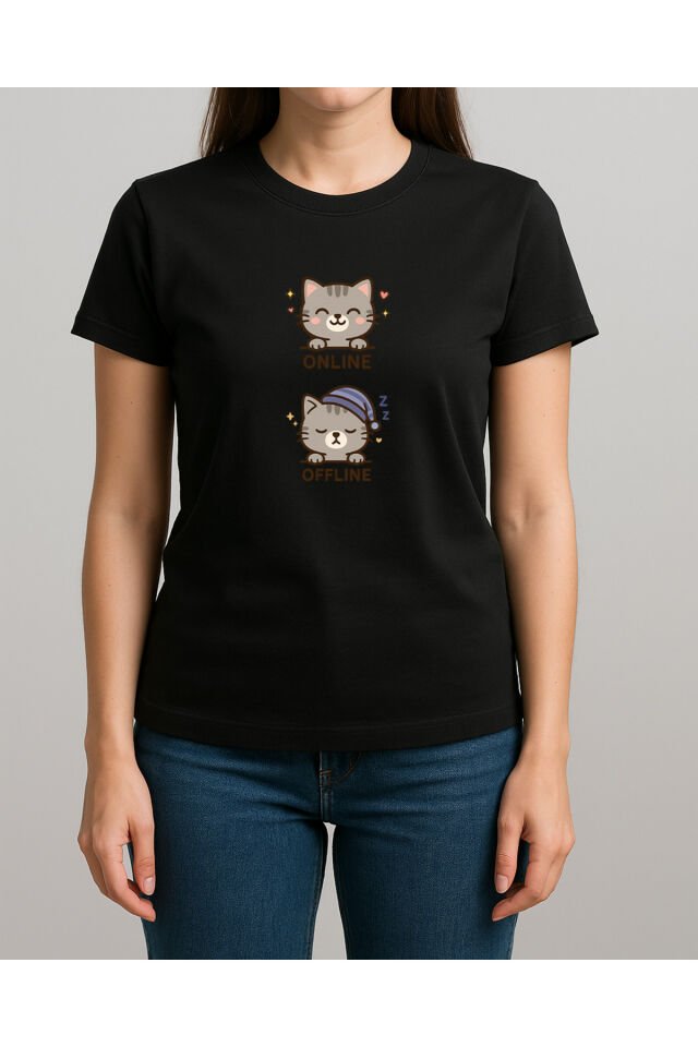 Tişört Unisex (Gri Kedi İkili) Kadin Si̇yah - M