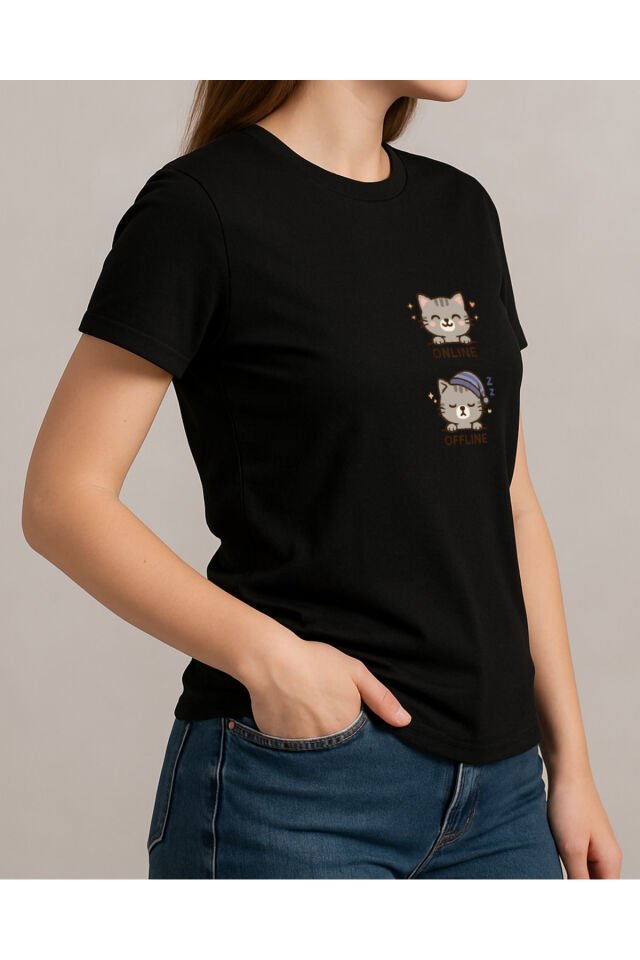 Tişört Unisex (Gri Kedi İkili) Kadin Si̇yah - XL