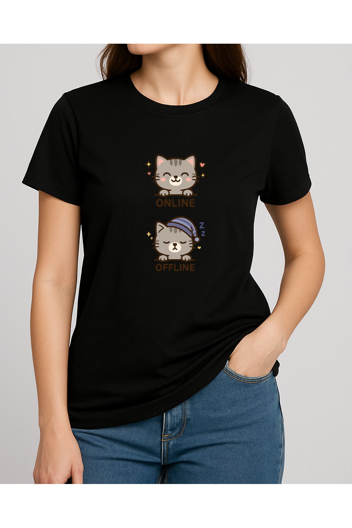 Tişört Unisex (Gri Kedi İkili) Kadin Si̇yah - S