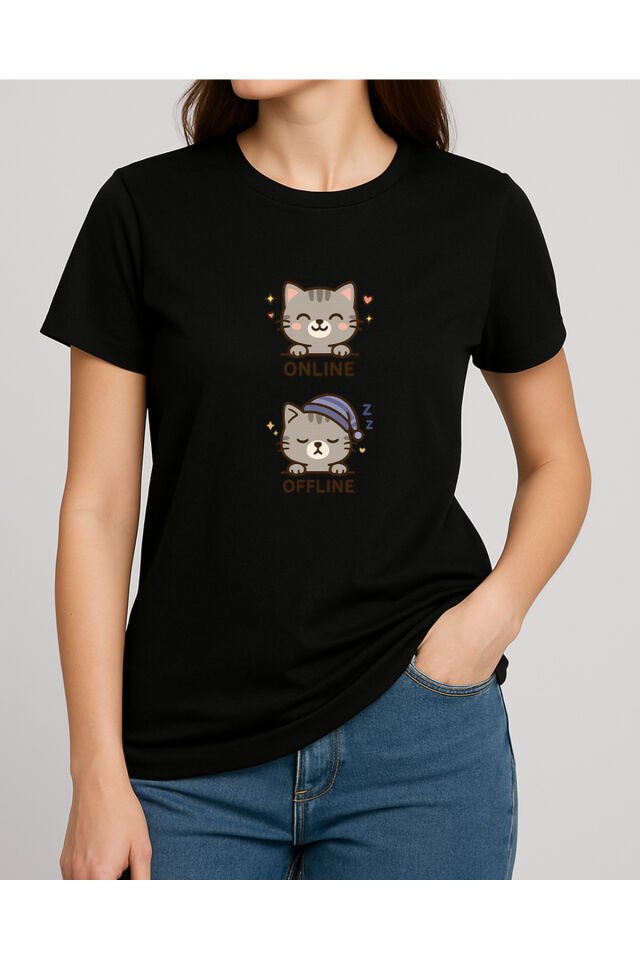 Tişört Unisex (Gri Kedi İkili) Kadin Si̇yah - 2XL