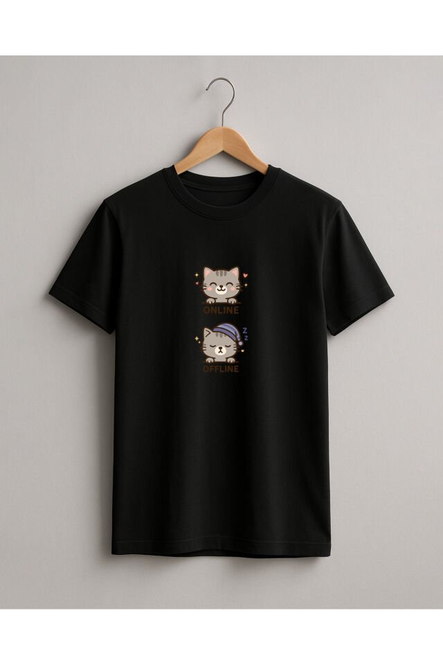 Tişört Unisex (Gri Kedi İkili) Kadin Si̇yah - L