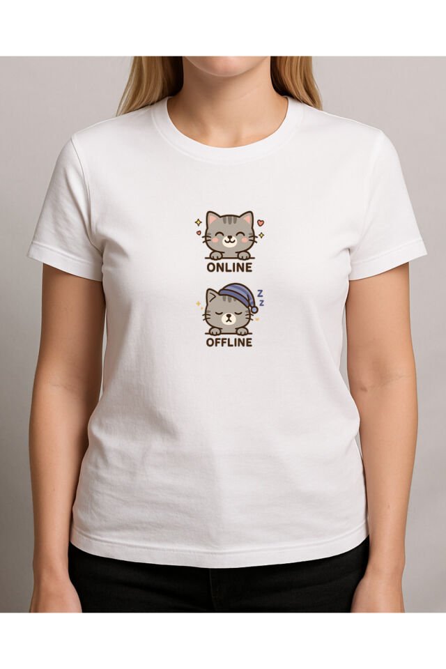 Tişört Unisex (Gri Kedi İkili) Kadin Beyaz - S