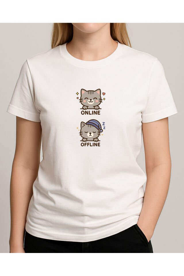 Tişört Unisex (Gri Kedi İkili) Kadin Beyaz - S