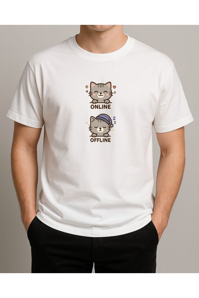 Tişört Unisex (Gri Kedi İkili) Erkek Beyaz - XL